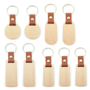 Customizable Leather Beech Wood Keychain
